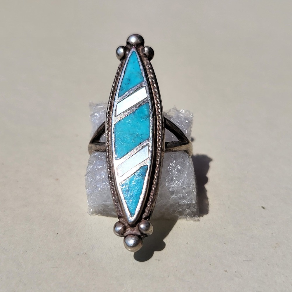 925 Vintage Sterling Silver Turquoise Mother of Pearl Inlay Ring Size 5.75